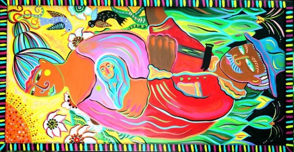 Colorful folk art figures with musician and flowing forms