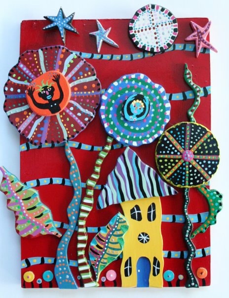 3D mixed media red background with flowers and yellow house