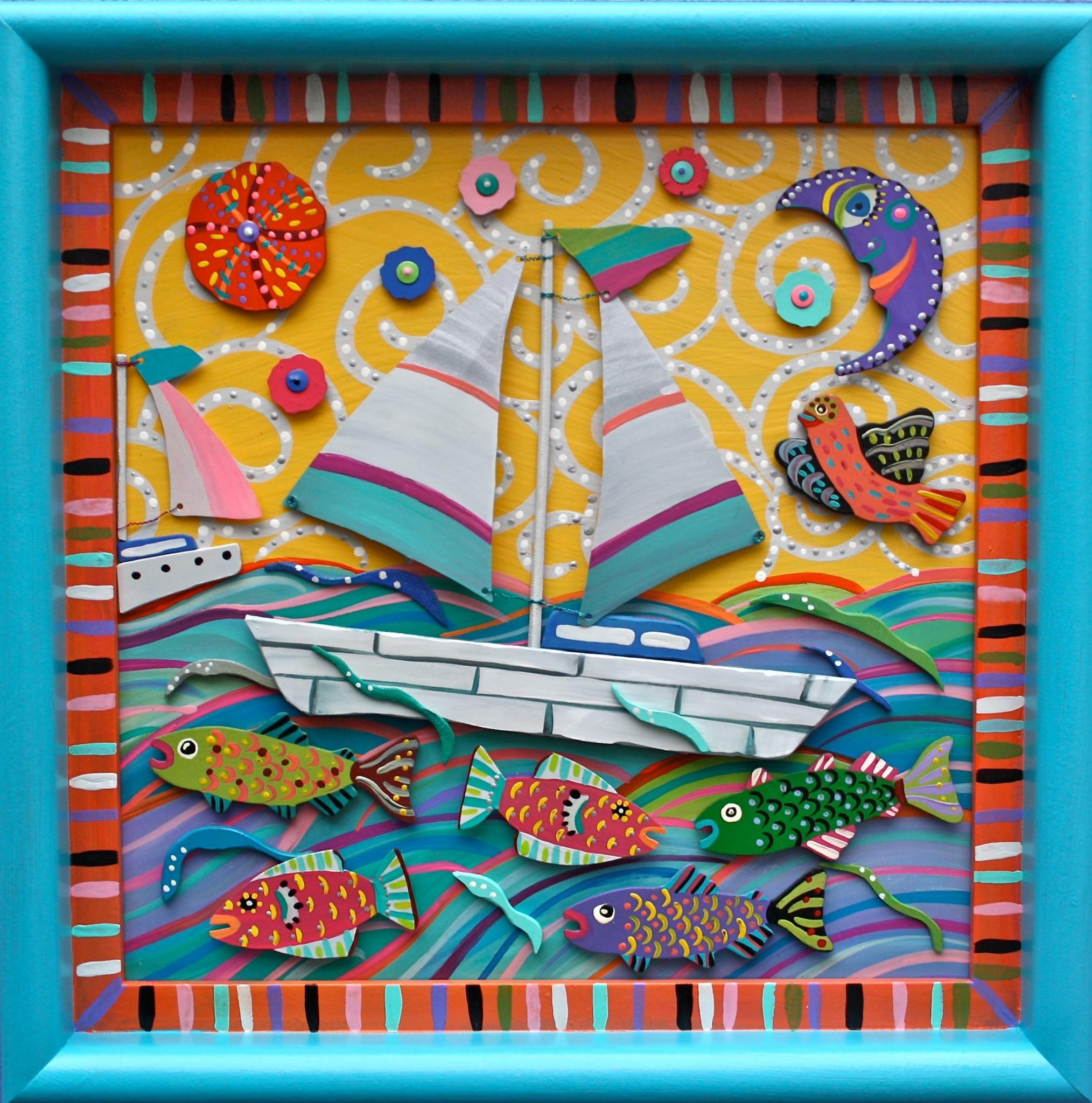 3D mixed media sailboat with colorful fish in teal frame