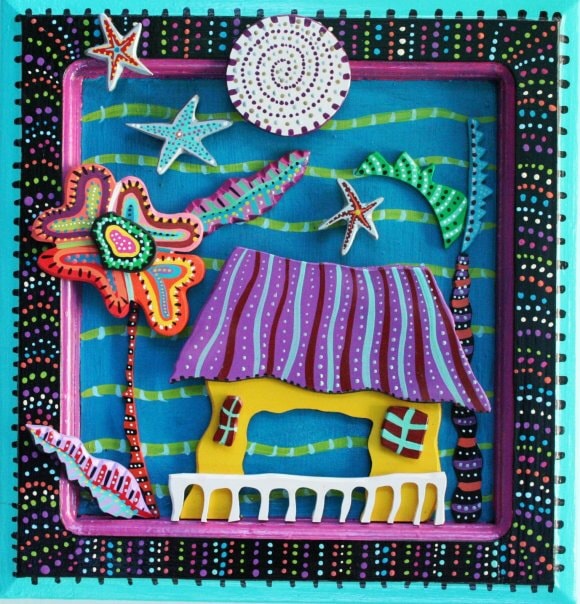 3D mixed media teal framed hut with starfish and flowers