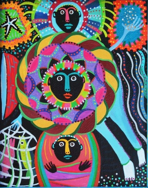 Three faces with colorful mandala pattern folk art painting