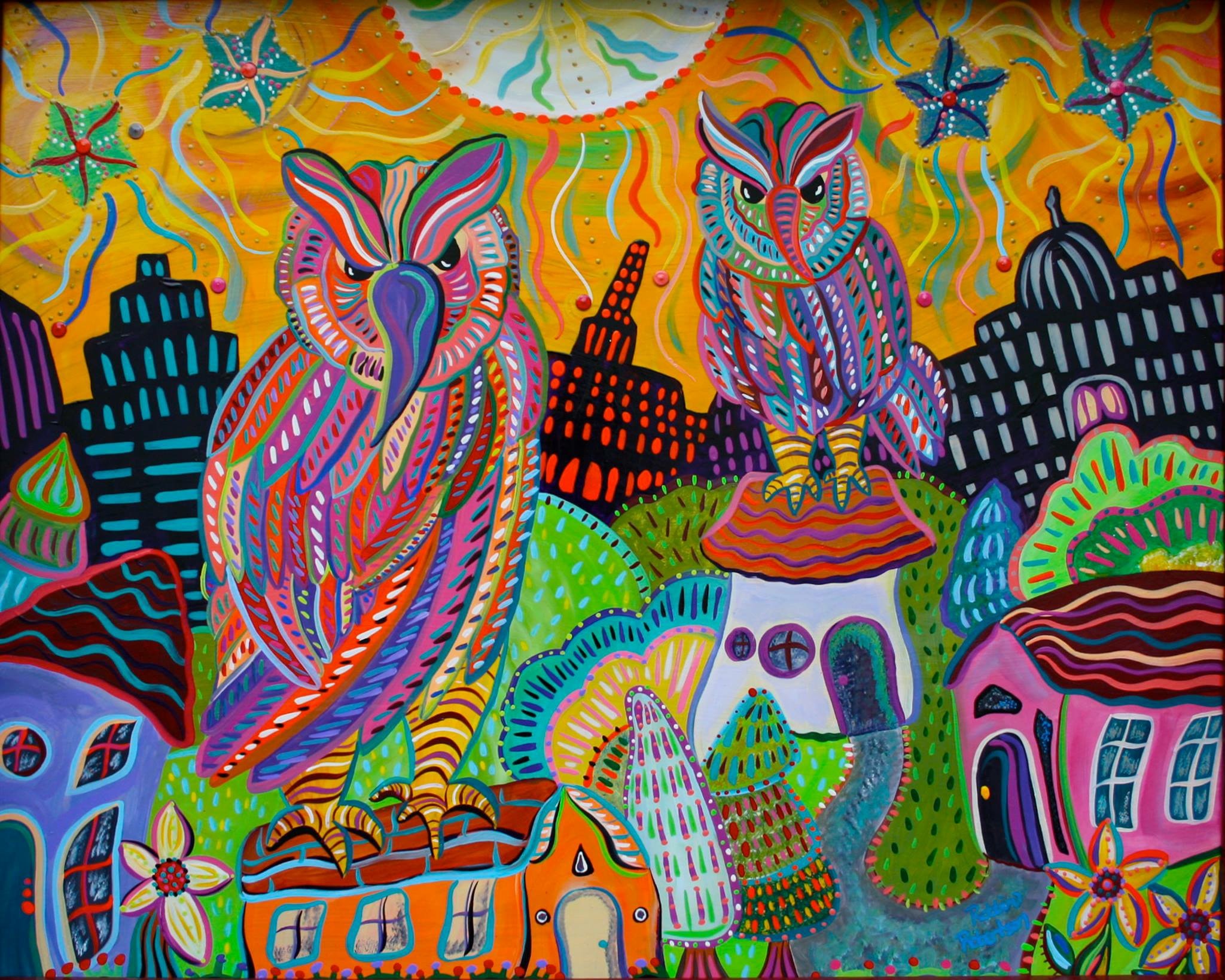 Two vibrant patterned owls perched over colorful folk art cityscape