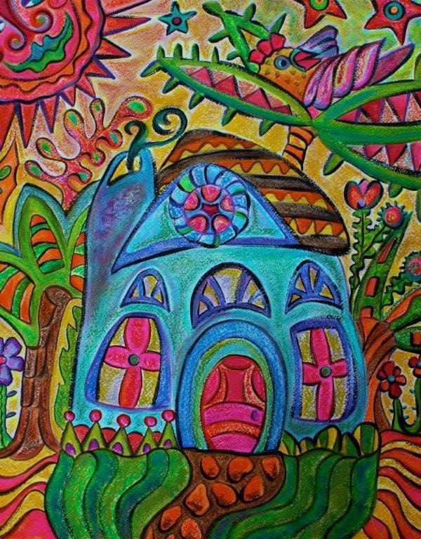 Vibrant colorful whimsical house with decorative windows surrounded by folk art foliage and sun