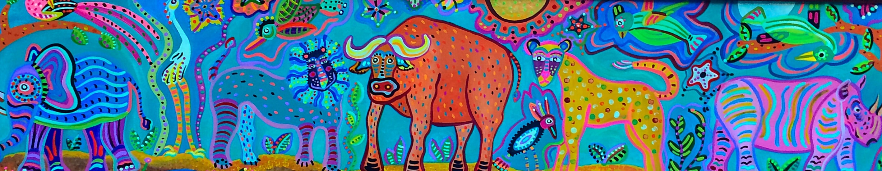 Vibrant colorful folk art mural with animals including a bull, leopard, zebra, and birds by Robbin Robertson