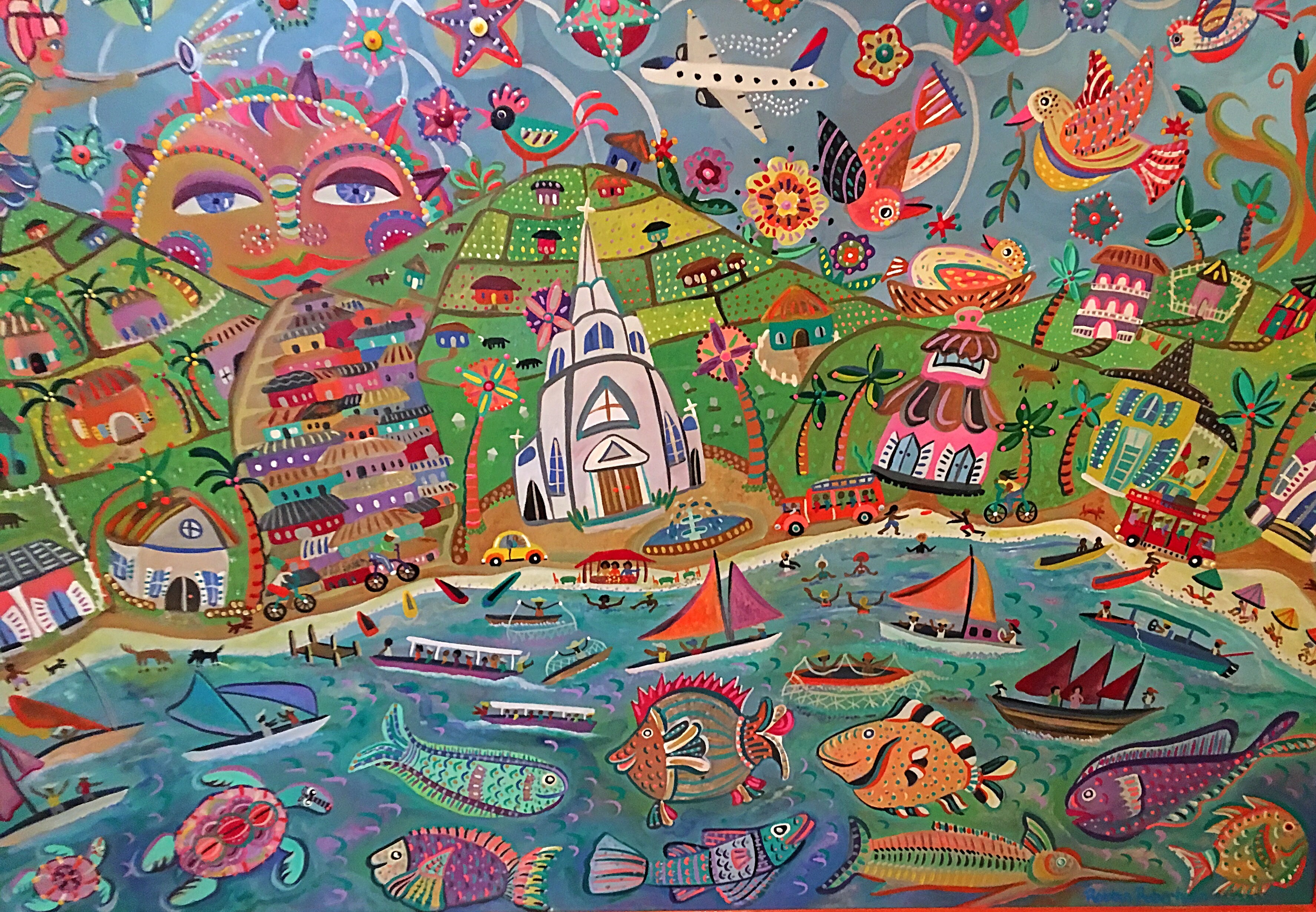 Vibrant folk art village scene with church, sailboats, colorful fish, birds, and tropical landscape by Robbin Robertson
