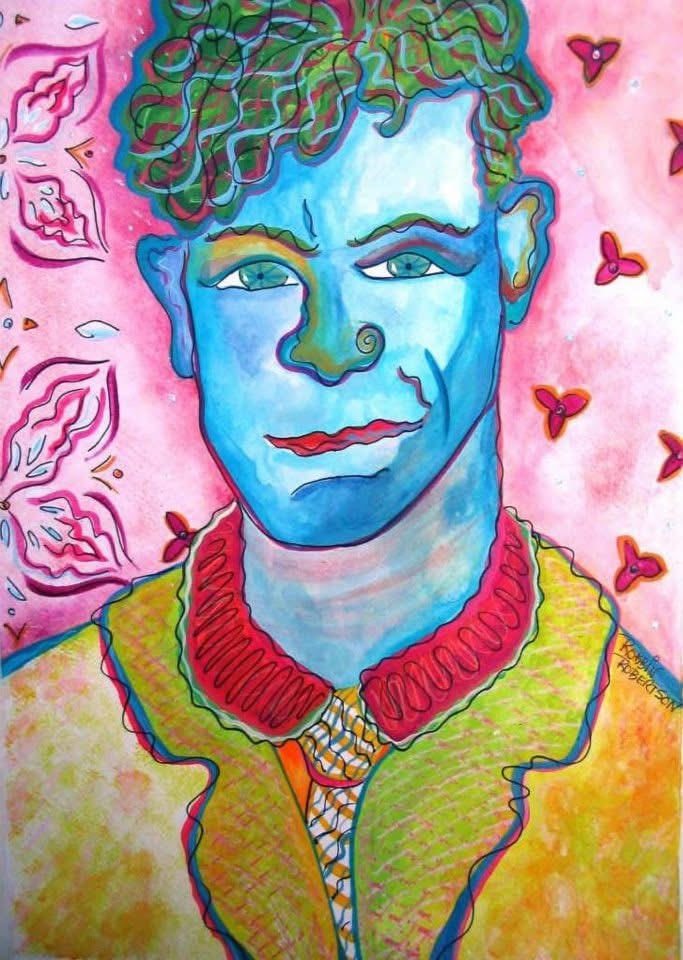 Colorful geometric portrait painting — Sunset Station musician banner