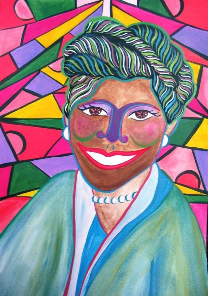 Vibrant portrait with green curly hair — Sunset Station musician banner