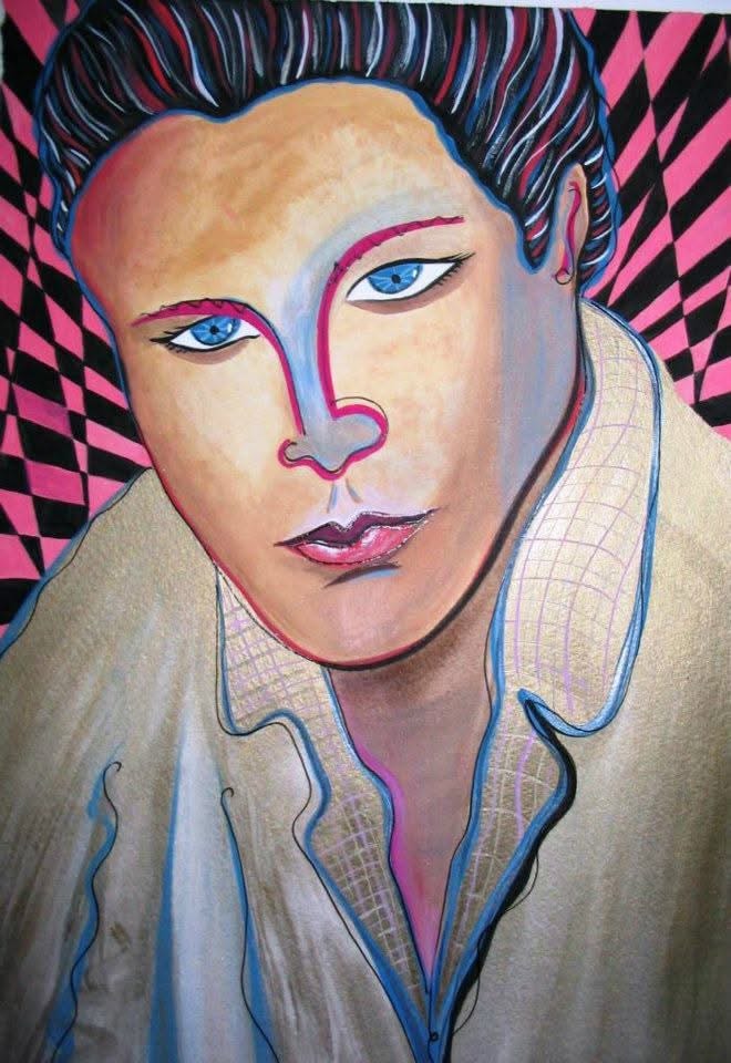 Bold portrait with pink checkerboard background — Sunset Station musician banner