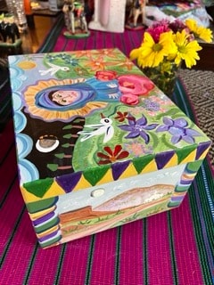 Colorful hand-painted box with cat and flowers design