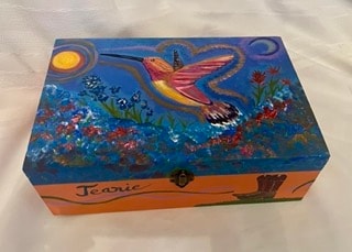 Painted wooden box with hummingbird design, personalized for Jeanie